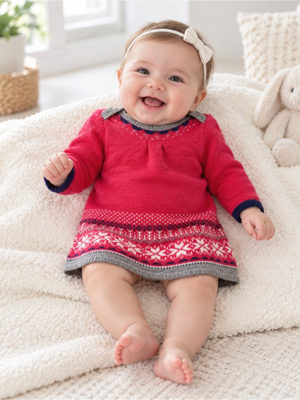 Baby Boden Baby Knit Sweater Dress in Bright Pink with Fair Isle Trim